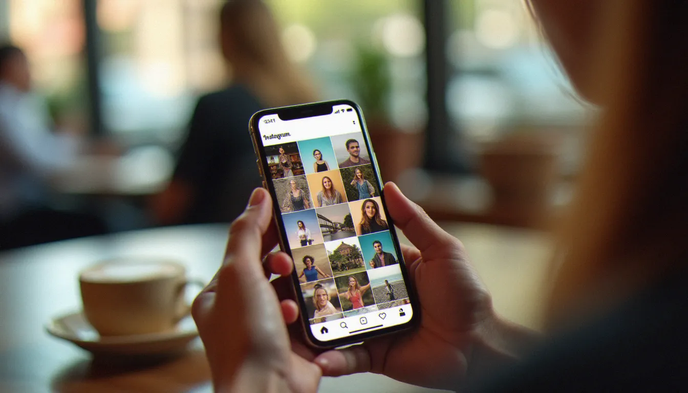Écran de smartphone affichant un feed Instagram avec des photos au format portrait 4:5, composition soignée et tons éditoriaux chauds