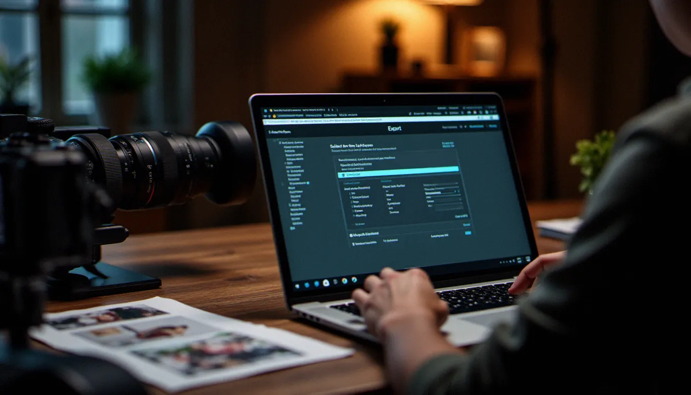 Photographe en post-production réglant les paramètres d'export pour optimiser le format Instagram photo dans Lightroom