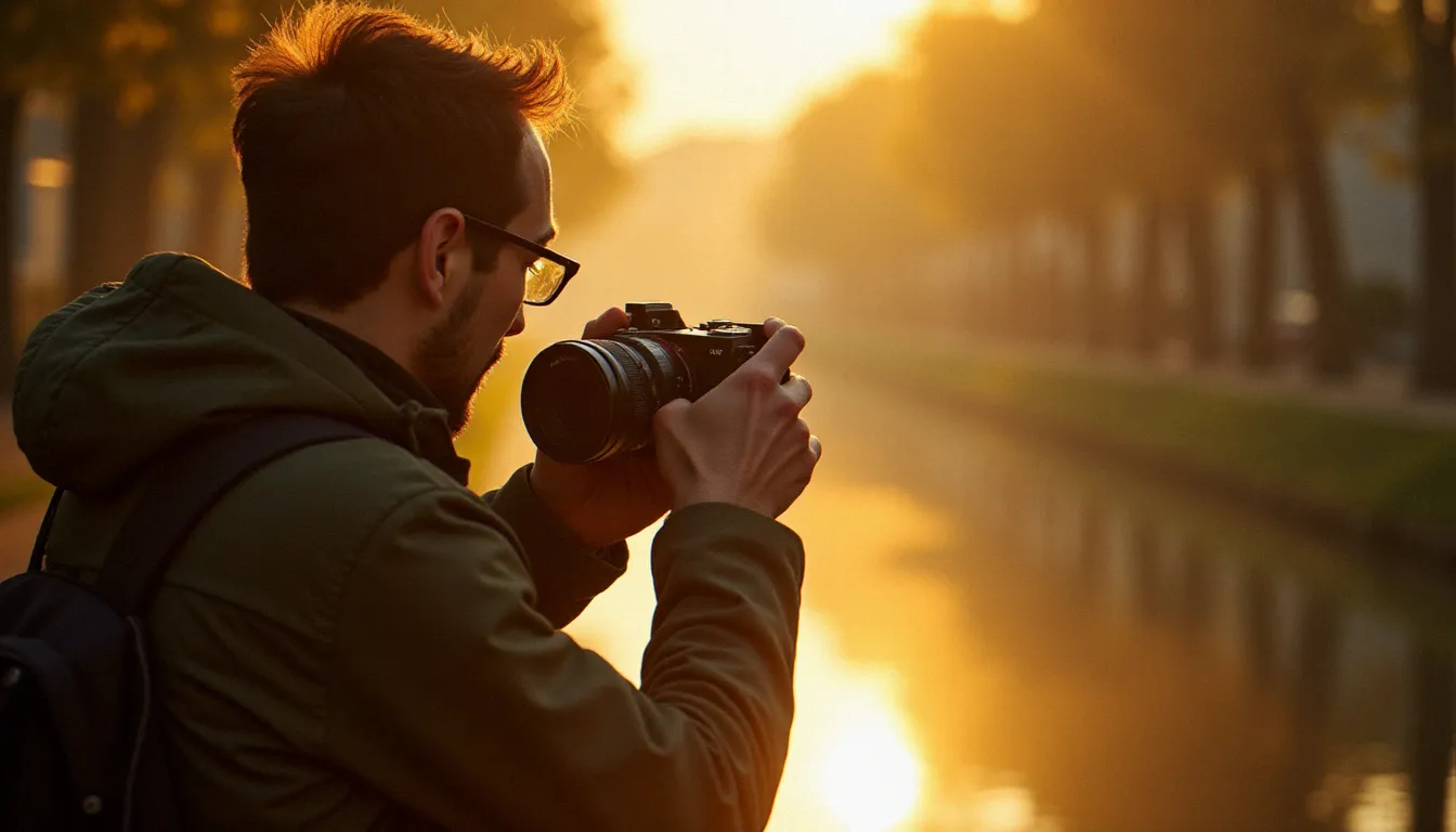 Photographe réglant son appareil photo plein format au bord du Canal du Midi à Toulouse à la lumière dorée du matin, illustrant la maîtrise pratique d'une photon matrix performante
