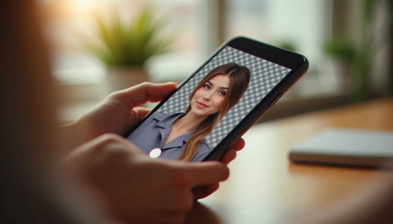 Gros plan sur des mains tenant un smartphone affichant l'interface de suppression d'arrière-plan automatique de Photoroom gratuit sur un portrait