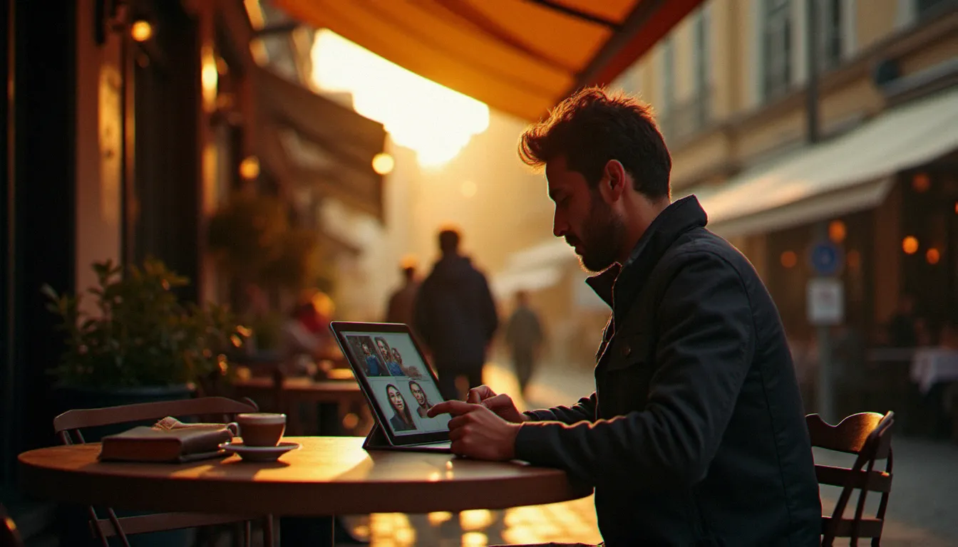 Photographe documentaire consultant ses portraits retouchés via Photoroom gratuit sur une tablette dans un café de marché toulousain en lumière dorée