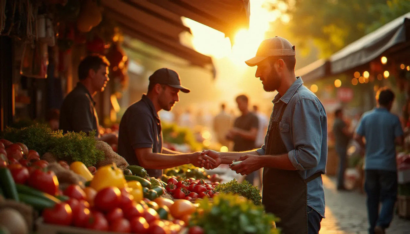 Scène de marché documentaire en lumière dorée matinale, portrait de rue capturé au 35mm illustrant un reportage toulousain dont les images ont été optimisées pour le web