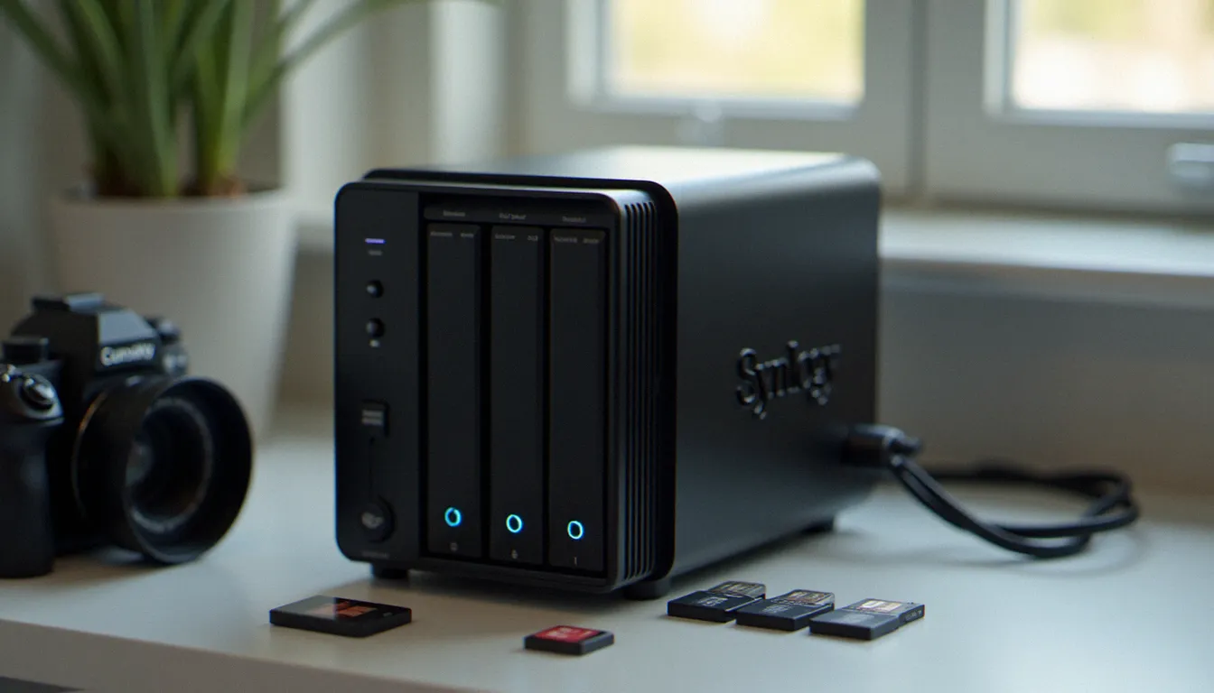 NAS Synology à deux baies configuré pour la gestion de photos, posé sur un bureau de photographe avec des cartes mémoire et un appareil photo hybride