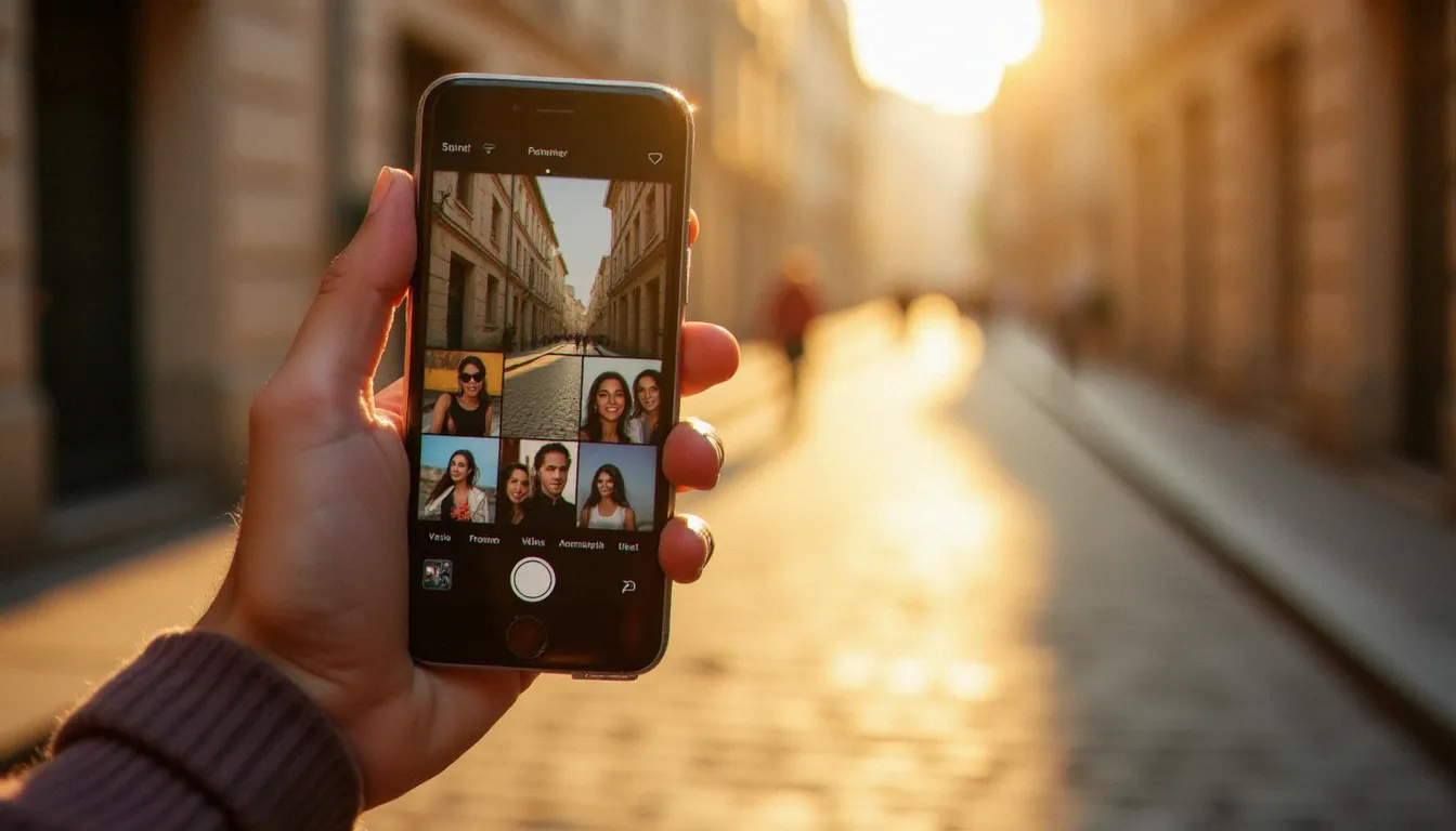 Application mobile Synology Photo affichant une galerie de portraits organisée sur smartphone, consultée par un photographe dans les rues ensoleillées de Toulouse