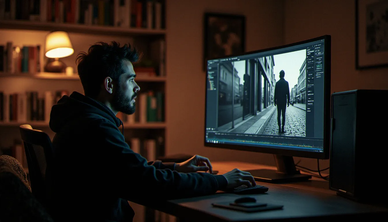 Photographe consultant ses archives de portraits en noir et blanc sur un écran relié à un NAS Synology, interface de timeline chronologique visible, ambiance de studio feutrée