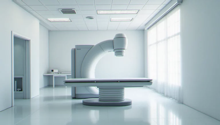 Salle de radiothérapie moderne équipée d'un accélérateur linéaire avec système d'image guided SRT, table de traitement vide au centre
