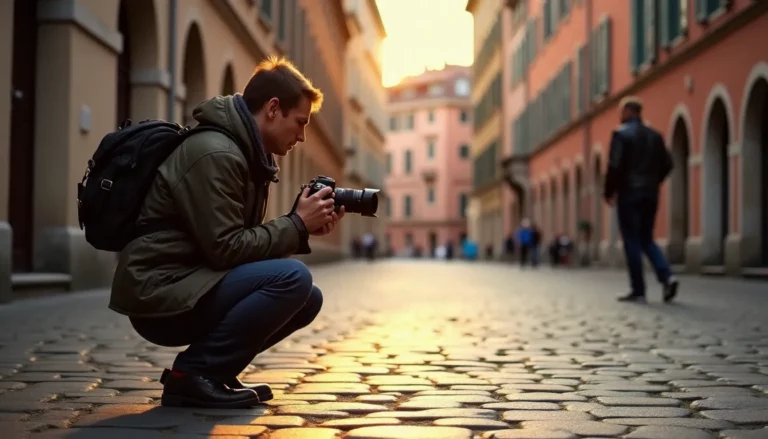 Photographe en action sur une place pavée française à l'heure dorée, illustrant la photo France en milieu urbain