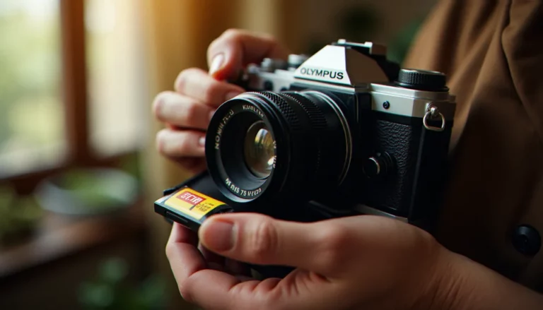 Mains chargeant une pellicule de photographie argentique dans un appareil reflex 35mm vintage sous lumière naturelle