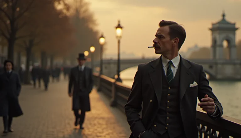 Albert Kahn (banquier) marchant seul sur les quais de la Seine au crépuscule, cigarette entre les doigts, regard perdu vers le Pont Neuf, lumière dorée de fin de journée