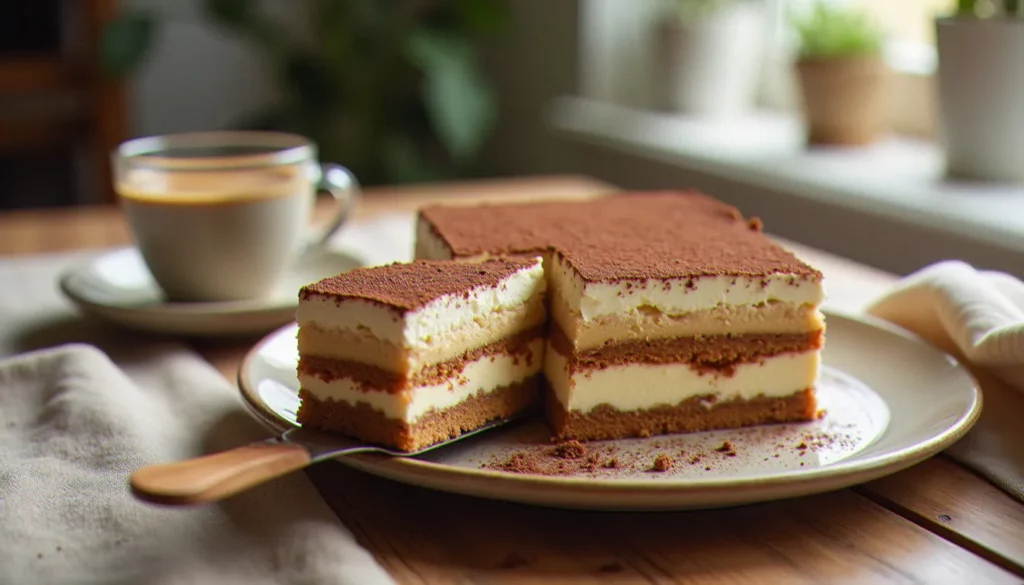 image recette tiramisu featured Image recette tiramisu prise en angle trois-quarts montrant la tranche du dessert avec ses couches de biscuit imbibé et crème au mascarpone, saupoudrée de cacao en poudre, sur une table en bois