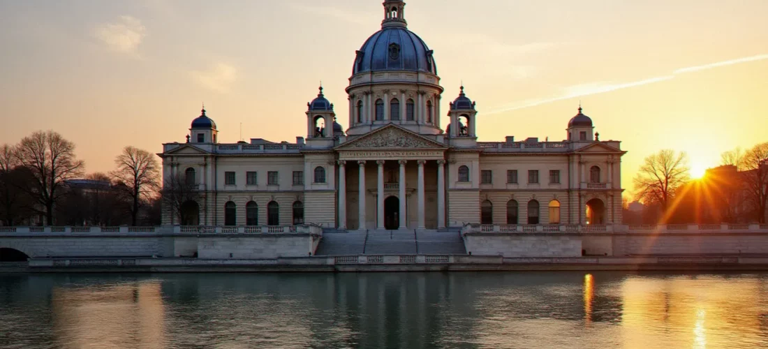 Façade de l'Institut de France à Paris, siège de l'Académie des sciences, au coucher du soleil