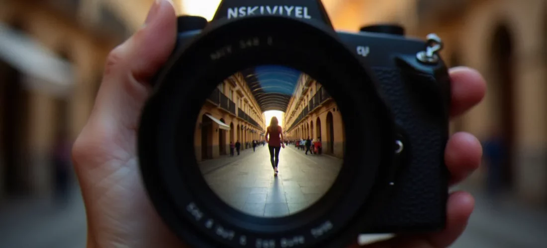 Vue à travers le viseur d'un appareil photo illustrant un angle de champ de 35 mm sur une rue toulousaine en lumière du soir