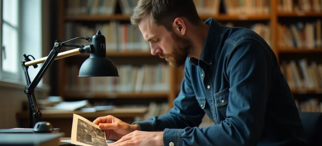 Archiviste examinant une photographie ancienne à la loupe dans une bibliothèque de référence, illustrant le concept d'autorité en sciences de l'information