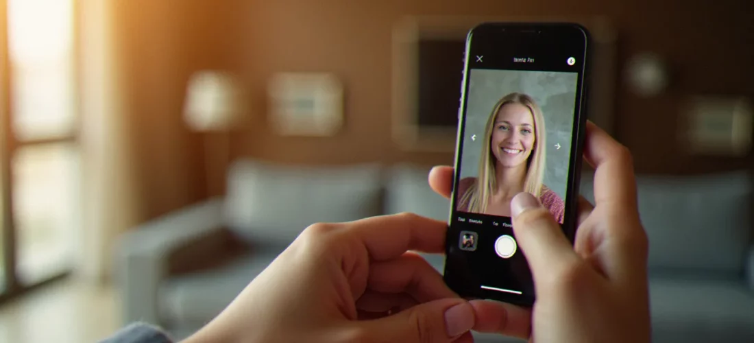 Mains tenant un smartphone avec l'interface de recadrage de photo de profil affichée, illustration de comment mettre une photo de profil sur WhatsApp