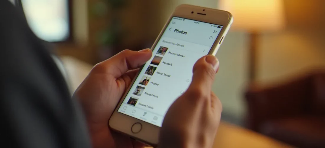 Mains tenant un iPhone ouvert sur l'album Récemment supprimés de l'application Photos pour récupérer des photos supprimées sur iPhone