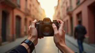 Photographe tenant un appareil photo dans une rue de Toulouse en lumière dorée, illustration de l'art de réaliser des photos réussies