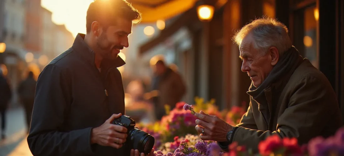Photographe utilisant des tubes d'extension terme photographie pour capturer un portrait macro d'une vendeuse de fleurs au marché du Capitole à Toulouse en lumière dorée