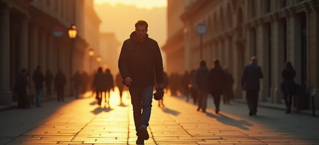 Photographe se promenant avec plaisir dans une vieille place au lever du soleil, appareil photo à la main, lumière dorée rasante, image avec plaisir et liberté créative