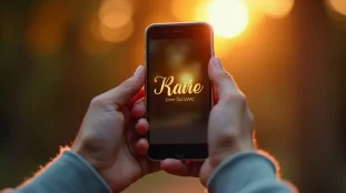 Écran de smartphone affichant une image avec prénom personnalisé gratuit en typographie dorée sur fond coucher de soleil