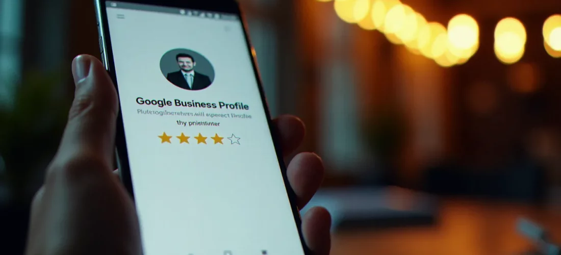 Écran de smartphone affichant une image avis Google 5 étoiles sur la fiche d'un photographe professionnel
