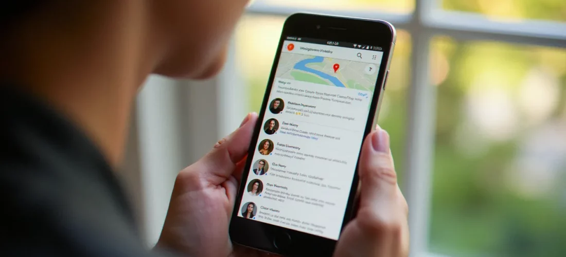 Personne consultant des images d'avis Google sur smartphone, avec des aperçus de portraits photographiques visibles dans les commentaires
