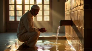Image montrant comment faire les ablutions : un fidèle effectuant le wuḍūʾ à une fontaine de pierre de mosquée sous une lumière naturelle dorée du matin