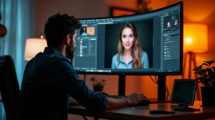 Photographe professionnel appliquant un tampon numérique sur une image portrait en post-traitement, illustrant comment mettre un tampon sur une image