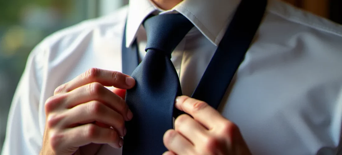 Image montrant comment nouer une cravate Windsor, mains masculines serrant un nœud parfait sur une cravate en soie bleue marine, chemise blanche à col écarté
