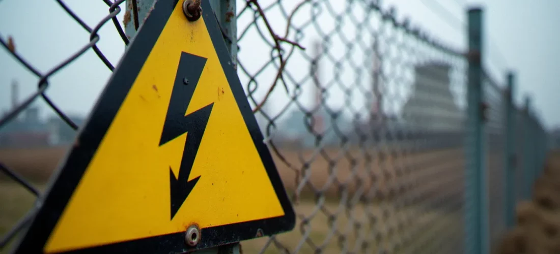 Panneau image danger de mort représentant un éclair noir sur fond jaune triangulaire, fixé sur une clôture métallique rouillée avec une centrale industrielle en arrière-plan flou