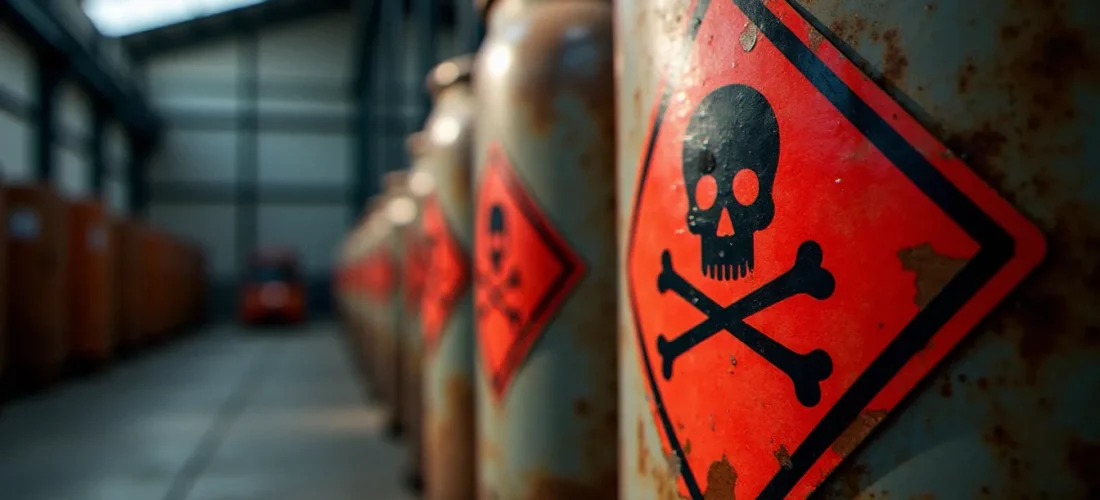 Pictogramme losange rouge d'image danger produit chimique sur un bidon industriel usé, éclairage latéral révélant la texture de l'étiquette