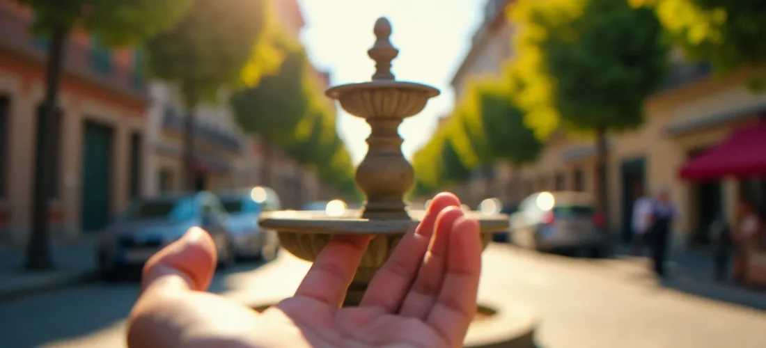Image effet d'optique de perspective forcée où une main semble tenir une fontaine en pierre en miniature sur une place toulousaine ensoleillée