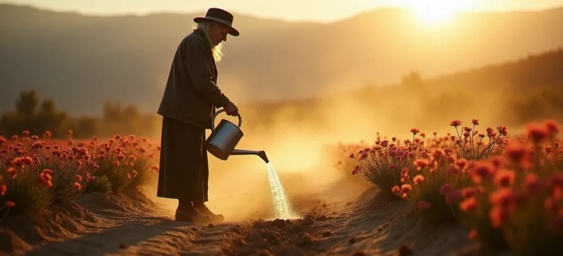 Femme âgée arrosant des fleurs desséchées à l'aube dans un champ craquelé par la sécheresse, image effet de serre documentée en milieu rural pyrénéen
