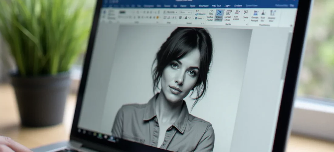 Écran d'ordinateur affichant Microsoft Word avec une image en cours de retournement effet miroir via le menu Format de l'image