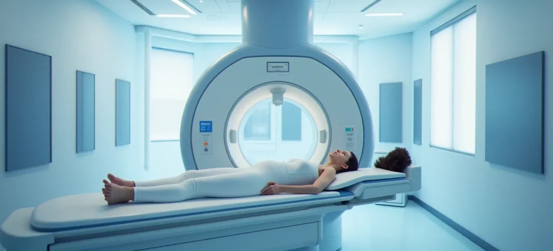 Salle de radiothérapie moderne avec accélérateur linéaire pratiquant l'image guided radiation therapy, patient allongé sur la table de traitement