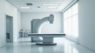 Salle de radiothérapie moderne équipée d'un accélérateur linéaire avec système d'image guided SRT, table de traitement vide au centre
