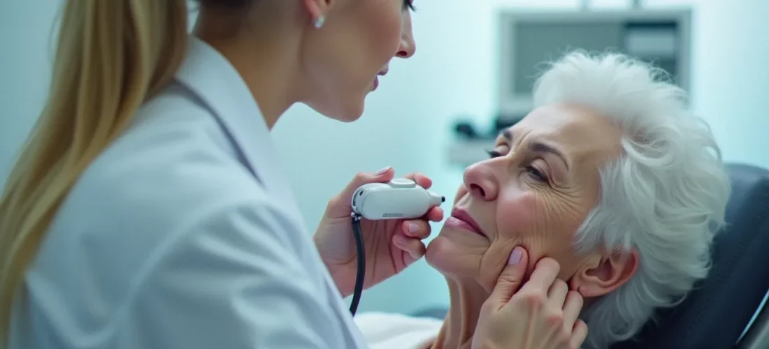 Dermatologue utilisant un appareil d'image guided superficial radiation therapy sur une lésion cutanée du visage d'un patient âgé dans un cabinet dermatologique moderne
