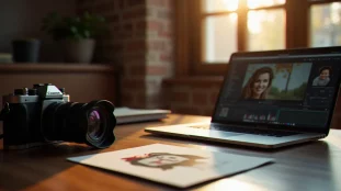 Bureau d'un photographe à Toulouse avec une carte de vœux 2026 posée près d'un appareil photo, lumière d'automne tamisée