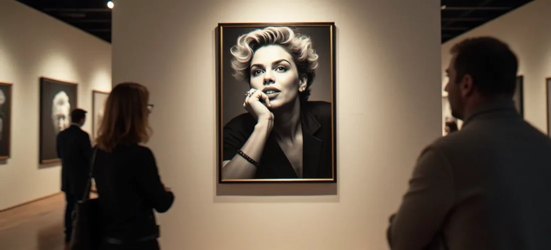 Grand portrait en noir et blanc d'une star légendaire exposé dans une galerie sous éclairage muséal, incarnant le concept d'image prix star légendaire préservée et célébrée