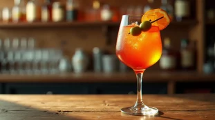 Image recette cocktail Aperol Spritz dans un grand verre ballon sur comptoir en bois, éclairage naturel latéral créant une transparence ambrée, garni d'une tranche d'orange