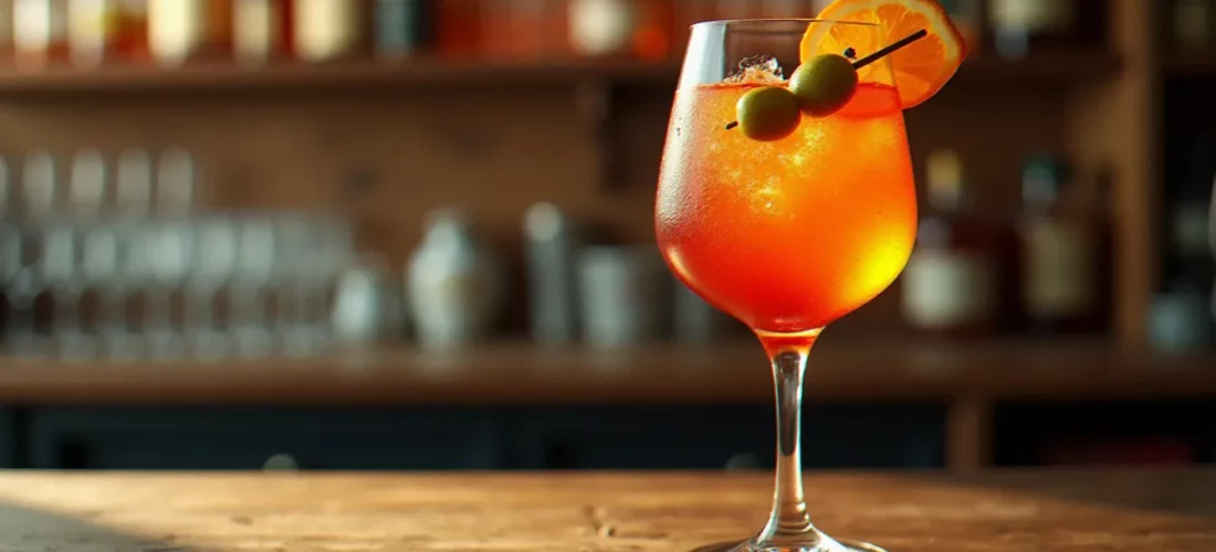 Image recette cocktail Aperol Spritz dans un grand verre ballon sur comptoir en bois, éclairage naturel latéral créant une transparence ambrée, garni d'une tranche d'orange