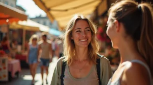 Image recette du bonheur capturée dans un marché en plein air, femme riant spontanément sous une lumière dorée d'après-midi