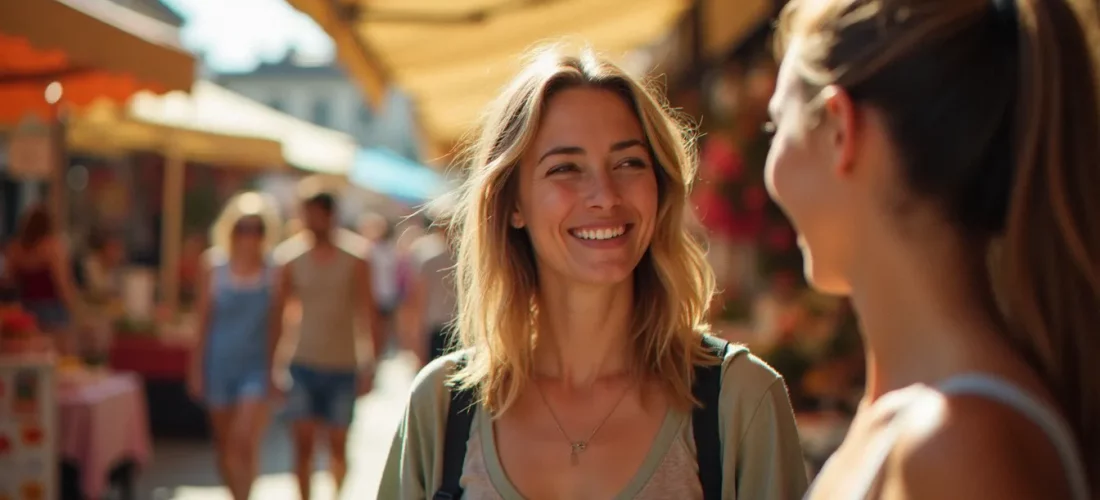 Image recette du bonheur capturée dans un marché en plein air, femme riant spontanément sous une lumière dorée d'après-midi