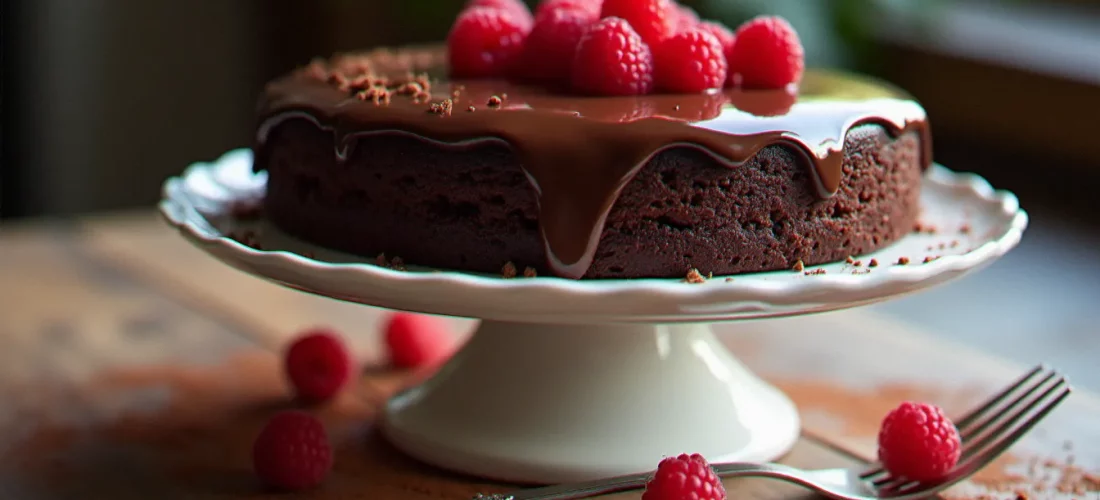 Image recette gateau au chocolat à étages sur un présentoir blanc, avec framboises fraîches et cacao en poudre sur une table en bois, éclairage naturel latéral révélant le glaçage brillant
