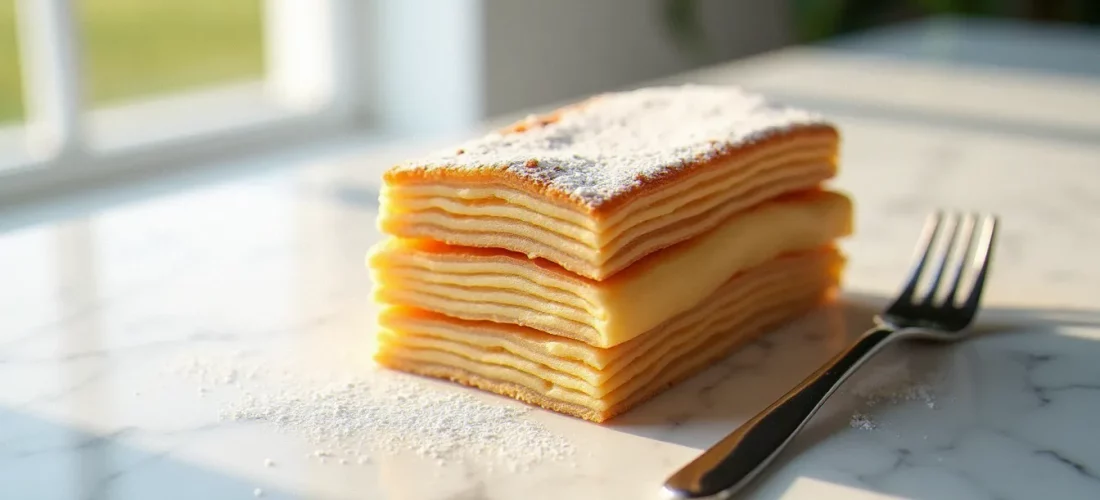 Image recette pâtisserie d'un mille-feuille feuilleté sur marbre blanc, éclairé en lumière naturelle latérale révélant les couches et le sucre glace