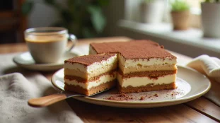 Image recette tiramisu prise en angle trois-quarts montrant la tranche du dessert avec ses couches de biscuit imbibé et crème au mascarpone, saupoudrée de cacao en poudre, sur une table en bois