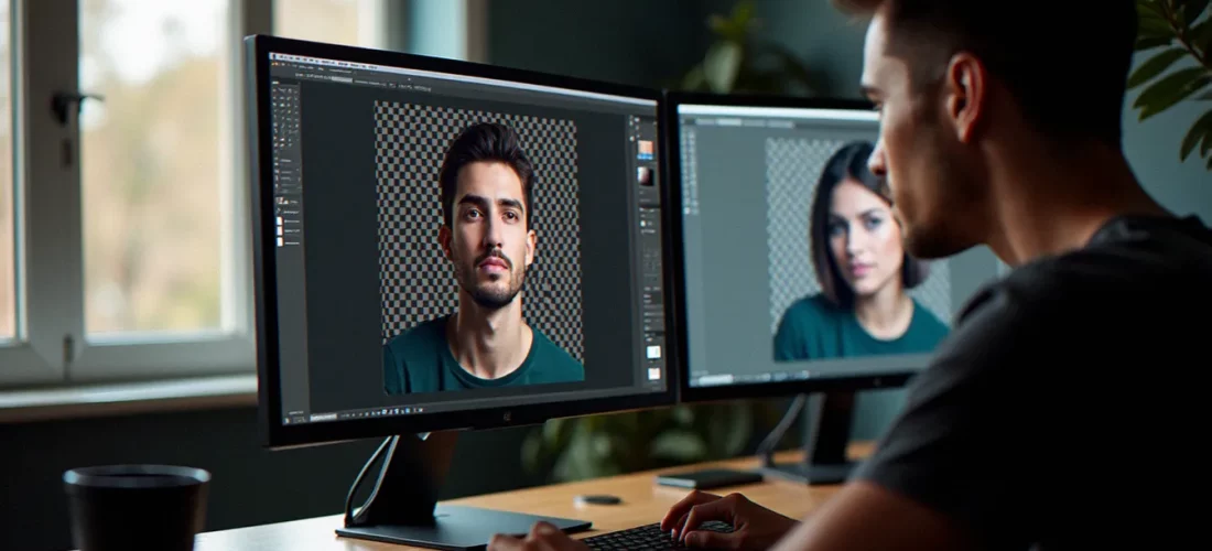 Écran d'ordinateur affichant une image sans arrière plan en cours de retouche dans Photoshop, avec le damier de transparence visible autour du sujet