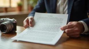 Mains tenant un contrat de cession de droits d'image sans droit posé à côté d'un objectif photo sur une table en bois, éclairage naturel