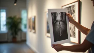 Photographe tenant un tirage d'art en noir et blanc dans une galerie, illustration des images arts