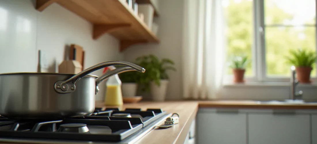 Vue en contre-plongée d'une cuisine domestique montrant plusieurs images de dangers domestiques typiques illustrés pour une utilisation pédagogique en maternelle