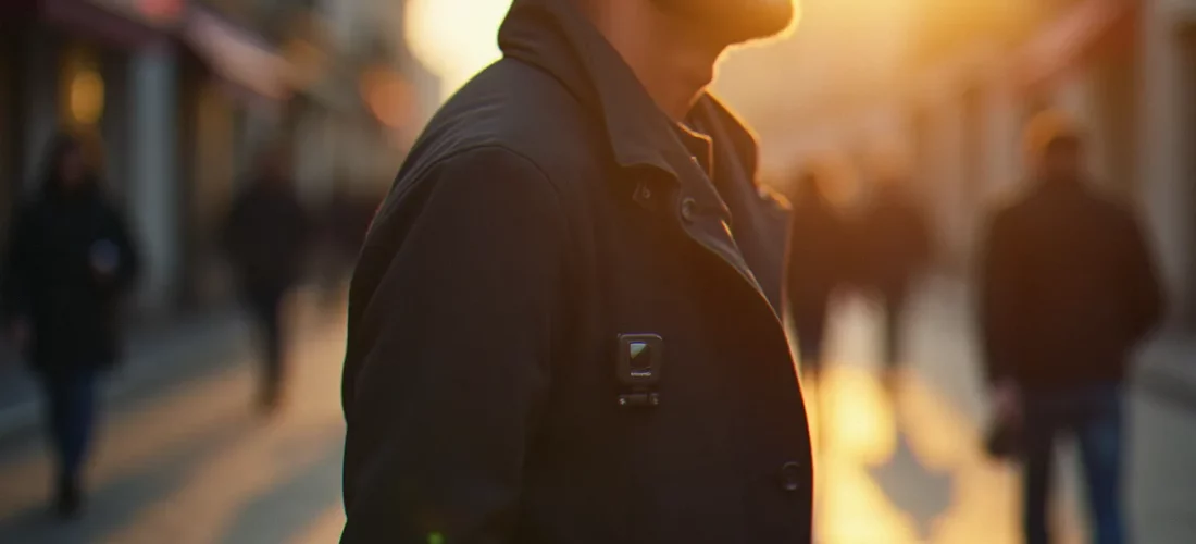 Un ion snapcam clipé sur le revers d'une veste de photographe lors d'une session de rue à Toulouse par lumière matinale